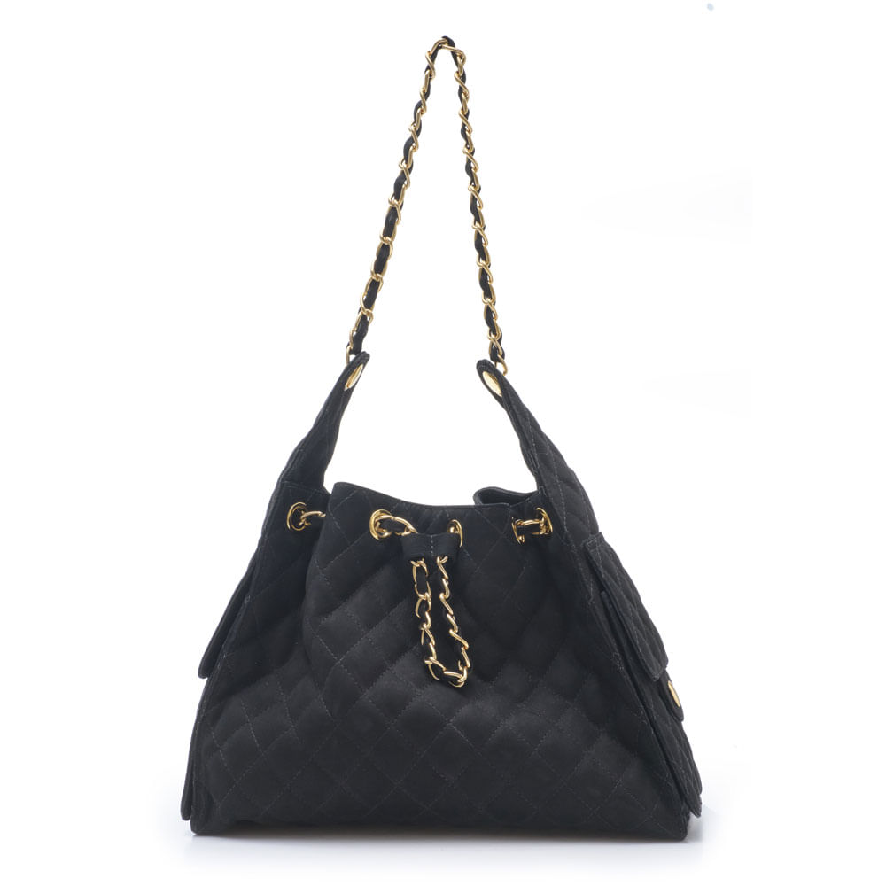 bolsa m|s bucket matelasse em couro preto com alca corrente-1
